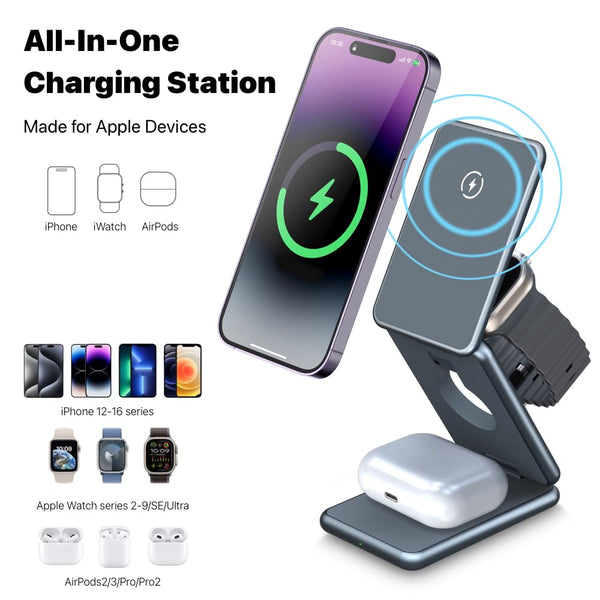 Charging Station,Wirelss Charger,Magnetic Charging Station Compatible with Iphone 17 16 15 14 13 12 11 Pro Max XS Xr,For Iwatch Series 9 8 7 6 5 4 3 2 Se,For Airpods 3 2 Pro,Black,No Adapter